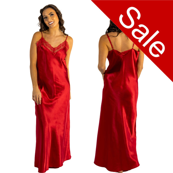 long full length silky shiny satin and lace chemise nightdress with string adjustable straps in plain bright red in UK sizes 12, 14, 16, 