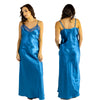 long full length silky shiny satin and lace chemise nightdress with string adjustable straps in plain teal blue in UK plus sizes 12, 14, 16, 18, 20, 22, 24, 26, 28, 30, 32, 34, 36, 38