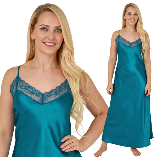 long full length silky shiny satin and lace chemise nightdress with string adjustable straps in plain teal blue in UK plus sizes 12, 14, 16, 18, 20, 22, 24, 26, 28, 30, 32,