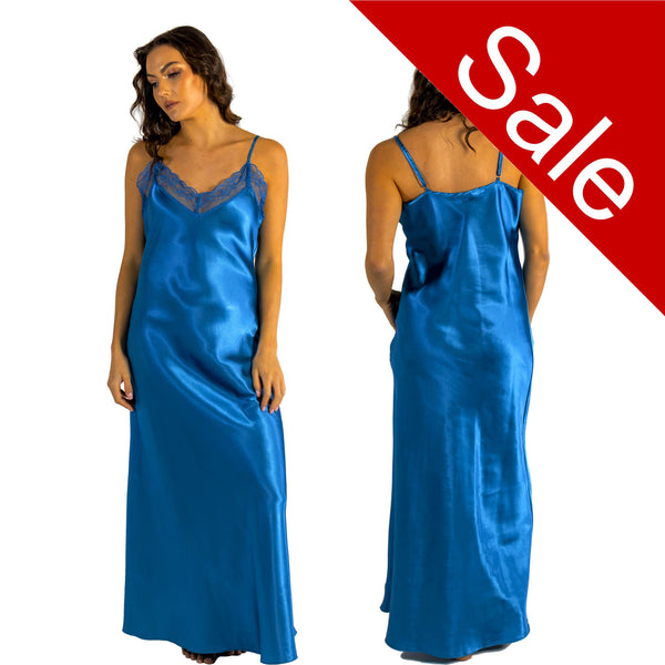 long full length silky shiny satin and lace chemise nightdress with string adjustable straps in plain teal blue in UK  sizes 12, 14, 16, 