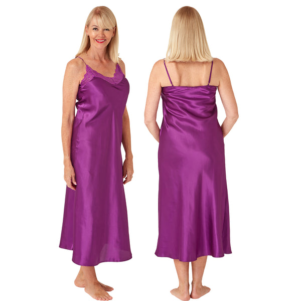 long full length silky shiny satin and lace chemise nightdress with string adjustable straps in plain fuchsia pink in UK plus sizes 14, 16, 18, 20, 22, 24, 26, 28,