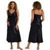 long full length silky shiny satin and lace chemise, nightdress with wide straps which are adjustable at the back in plain black in UK plus sizes 12, 14, 16, 18, 20, 22, 24, 26, 28, 30, 32, 34, 36, 38