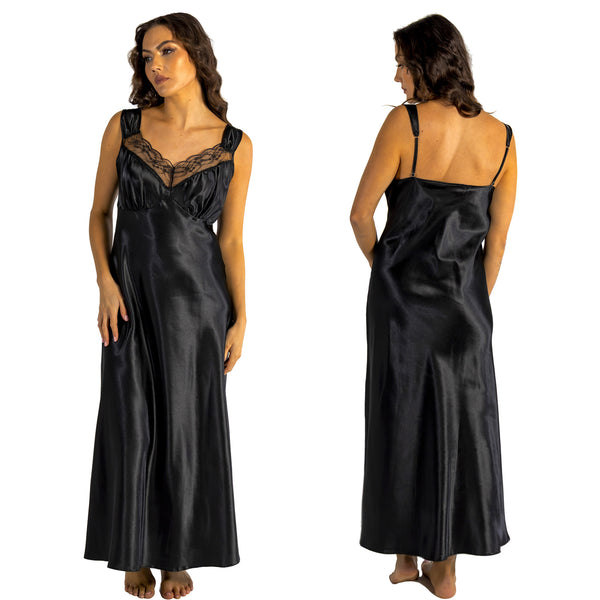 long full length silky shiny satin and lace chemise, nightdress with wide straps which are adjustable at the back in plain black in UK plus sizes 12, 14, 16, 18, 20, 22, 24, 26, 28, 30, 32, 34, 36, 38