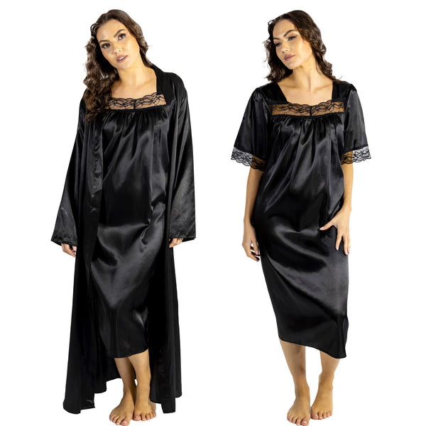 plain black shiny silky satin and lace nightdress with a wrap which is cuddleskin satin which is lined with brushed cotton for warmth. In uk sizes 12, 14, 16, 18, 20, 22, 24, 26