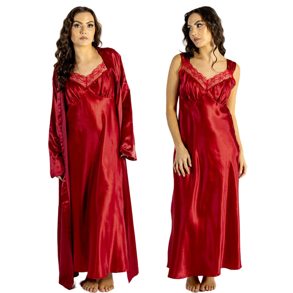 plain red shiny silky satin and lace long chemise with a wrap which is cuddleskin satin which is lined with brushed cotton for warmth. In uk sizes 12, 14, 16, 18, 20, 22, 24, 26