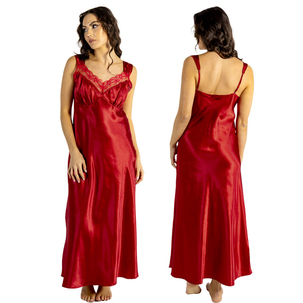 long full length silky shiny satin and lace chemise, nightdress with wide straps which are adjustable at the back in plain bright red in UK plus sizes 12, 14, 16, 18, 20, 22, 24, 26, 28, 30, 32, 34, 36, 38