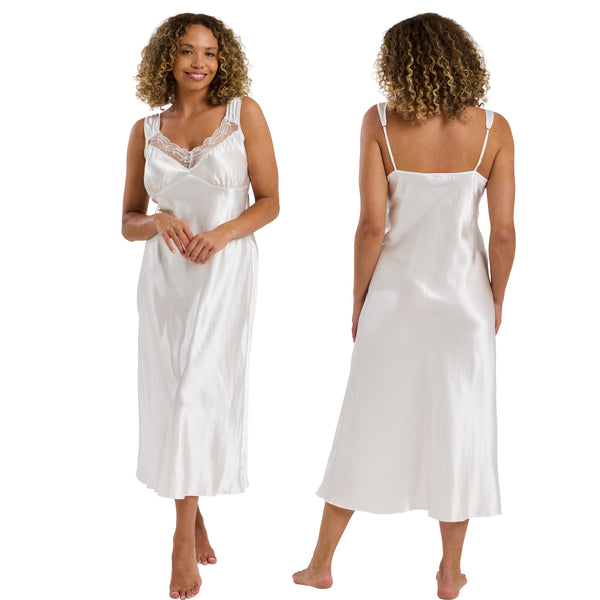 long full length silky shiny satin and lace chemise, nightdress with wide straps which are adjustable at the back in plain ivory white in UK plus sizes 12, 14, 16, 18, 20, 22, 24, 26, 28, 30, 32, 34, 36, 38