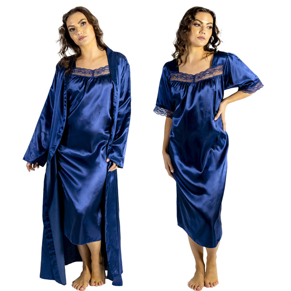plain navy shiny silky satin and lace nightdress with a wrap which is cuddleskin satin which is lined with brushed cotton for warmth. In uk sizes 12, 14, 16, 18, 20, 22, 24, 26