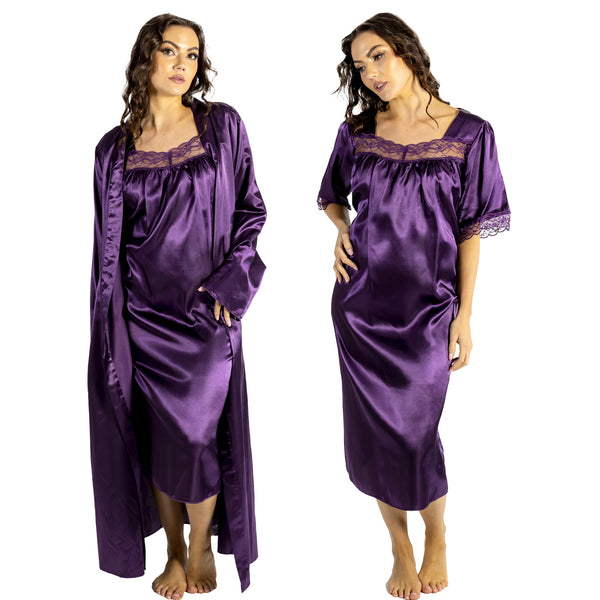plain purple shiny silky satin and lace nightdress with a wrap which is cuddleskin satin which is lined with brushed cotton for warmth. In uk sizes 12, 14, 16, 18, 20, 22, 24, 26