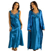 plain teal blue shiny silky satin and lace long chemise with a wrap which is cuddleskin satin which is lined with brushed cotton for warmth. In uk sizes 12, 14, 16, 18, 20, 22, 24, 26