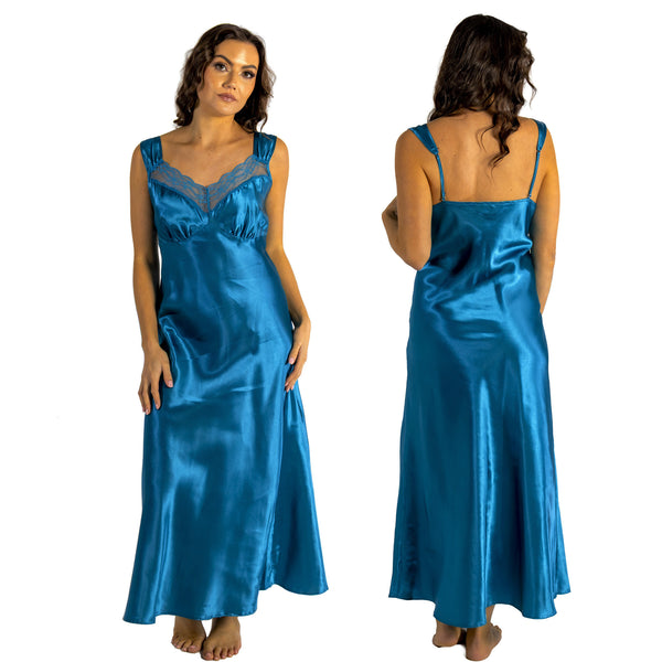 long full length silky shiny satin and lace chemise, nightdress with wide straps which are adjustable at the back in plain teal blue in UK plus sizes 12, 14, 16, 18, 20, 22, 24, 26, 28, 30, 32, 34, 36, 38
