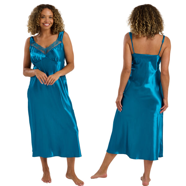 long full length silky shiny satin and lace chemise, nightdress with wide straps which are adjustable at the back in plain teal blue in UK plus sizes 12, 14, 16, 18, 20, 22, 24, 26, 28, 30, 32, 34, 36, 38