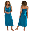 long full length silky shiny satin and lace chemise, nightdress with wide straps which are adjustable at the back in plain teal blue in UK plus sizes 12, 14, 16, 18, 20, 22, 24, 26, 28, 30, 32, 34, 36, 38