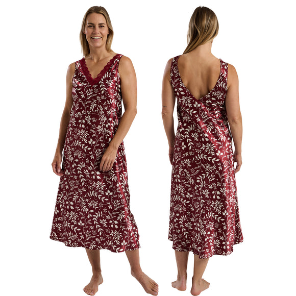 long full length silky shiny satin and lace chemise nightdress with wide fixed straps in a large floral oriental style cherry red burgundy background in UK plus sizes 18, 20, 22, 24, 