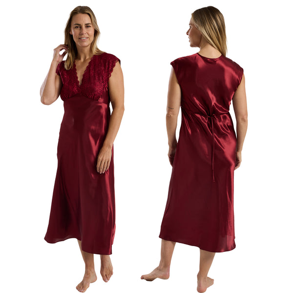 long full length silky shiny satin and lace chemise nightdress with wide fixed straps in a plain burgundy red style in UK plus sizes 18, 20, 22, 24,