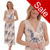 long full length silky shiny satin and lace chemise nightdress with wide fixed straps in a large blue floral oriental style gold background in UK plus sizes 26, 28,