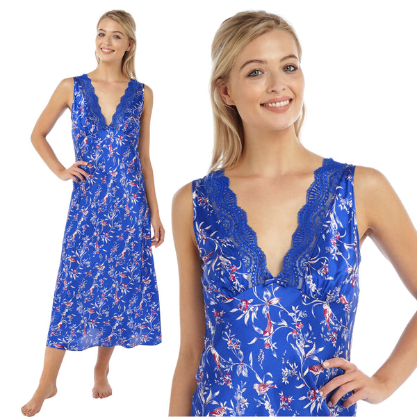 Full Length Long Bright Blue Floral Sexy Satin Nightdress – Just For ...