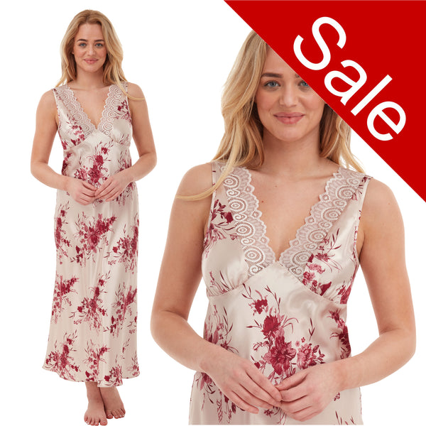long full length silky shiny satin and lace chemise nightdress with wide fixed straps in a large red floral oriental style gold background in UK plus sizes 22, 24, 26, 28,