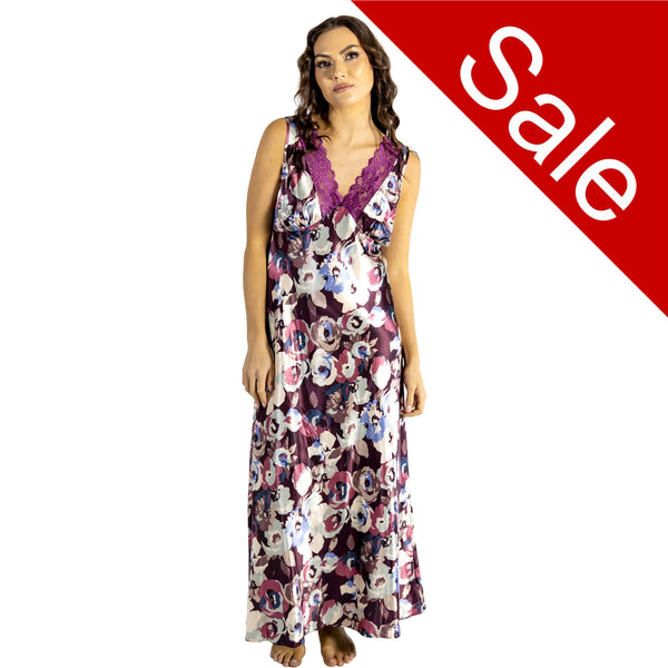 long full length silky shiny satin and lace chemise nightdress with wide fixed straps in a large floral style purple background in UK plus sizes 14, 16, 18, 20, 22, 24, 26, 28,