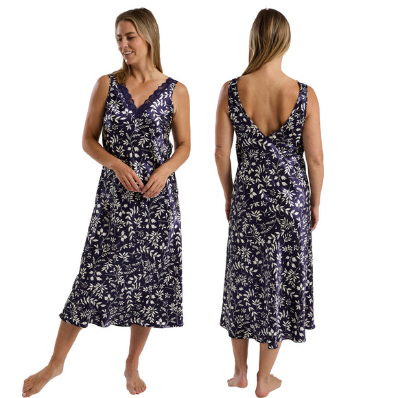 long full length silky shiny satin and lace chemise nightdress with wide fixed straps in a large floral oriental style indigo navy blue background in UK plus sizes 18, 20, 22, 24, 