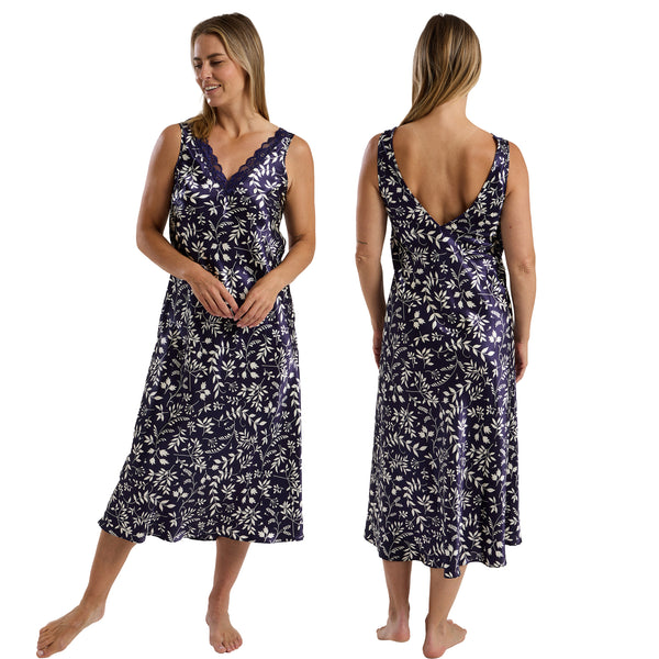 long full length silky shiny satin and lace chemise nightdress with wide fixed straps in a large floral oriental style indigo navy blue background in UK plus sizes 18, 20, 22, 24, 