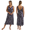 long full length silky shiny satin and lace chemise nightdress with wide fixed straps in a large floral oriental style indigo navy blue background in UK plus sizes 18, 20, 22, 24, 