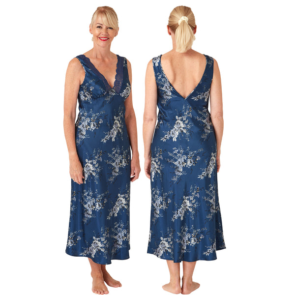 long full length silky shiny satin and lace chemise nightdress with wide fixed straps in a large floral oriental style navy background in UK plus sizes 14, 16, 18, 20, 22, 24, 26, 28,