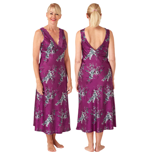 long full length silky shiny satin and lace chemise nightdress with wide fixed straps in a large floral oriental style purple background in UK plus sizes 14, 16, 18, 20, 22, 24, 26, 28,