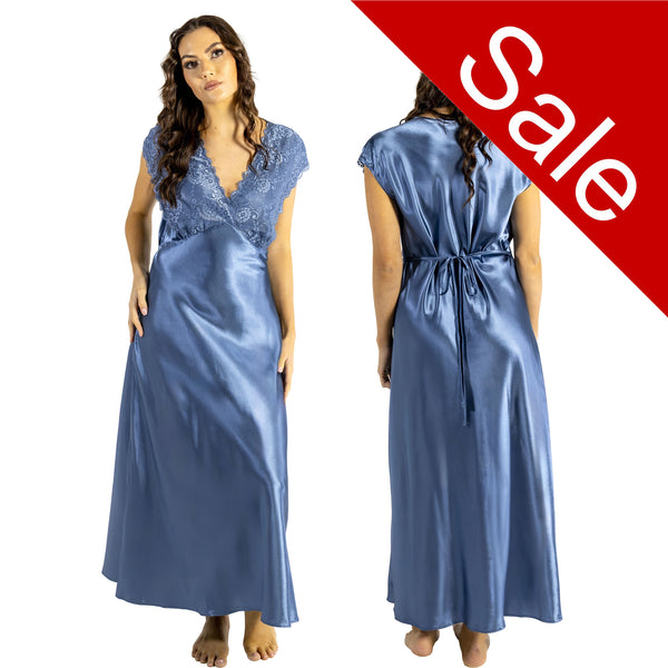 long full length silky shiny satin and lace chemise nightdress with wide fixed straps in a plain powder blue style in UK plus sizes 10, 12, 14, 16, 18, 20, 22, 24, 26, 28,