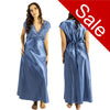 long full length silky shiny satin and lace chemise nightdress with wide fixed straps in a plain powder blue style in UK plus sizes 10, 12, 14, 16, 18, 20, 22, 24, 26, 28,