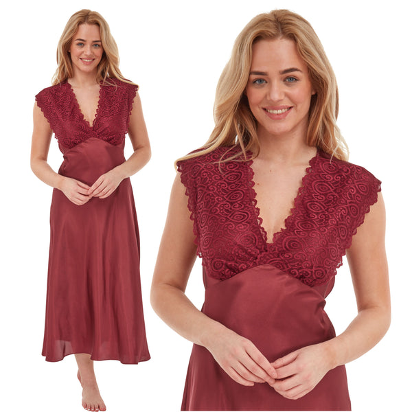 long full length silky shiny satin and lace chemise nightdress with wide fixed straps in a plain burgundy red style in UK plus sizes 10, 12, 14, 16, 18, 20, 26, 28