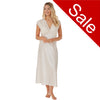 long full length silky shiny satin and lace chemise nightdress with wide fixed straps in a plain light gold style in UK size 18, 20