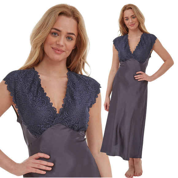 long full length silky shiny satin and lace chemise nightdress with wide fixed straps in a plain dark charcoal grey style in UK plus sizes 10, 12, 18, 20,