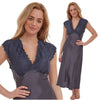 long full length silky shiny satin and lace chemise nightdress with wide fixed straps in a plain dark charcoal grey style in UK plus sizes 10, 12, 18, 20,