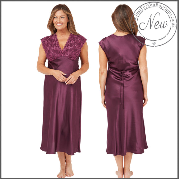 long full length silky shiny satin and lace chemise nightdress with wide fixed straps in a mulberry purple style in UK plus sizes 14, 16, 18, 20, 22, 24, 26, 28,