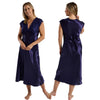 long full length silky shiny satin and lace chemise nightdress with wide fixed straps in a plain navy blue style in UK plus sizes 18, 20, 22, 24,