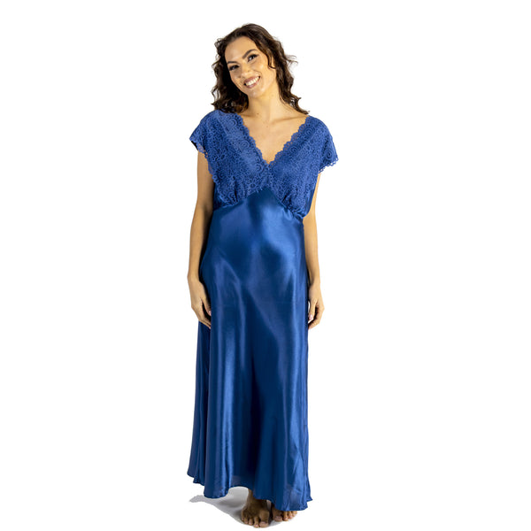 long full length silky shiny satin and lace chemise nightdress with wide fixed straps in a plain navy teal style in UK plus sizes 14, 16, 18, 20, 22, 24, 26, 28,