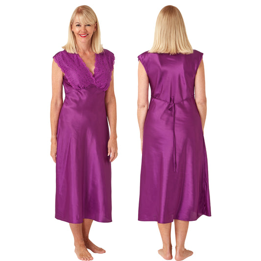 long full length silky shiny satin and lace chemise nightdress with wide fixed straps in a pink, purple style in UK plus sizes 14, 16, 18, 20, 22, 24, 26, 28,