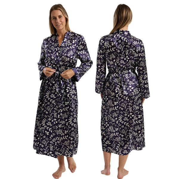 Ladies navy blue autumn floral silky shiny satin and lace full length dressing gown, bathrobe, wrap, kimono with full length sleeves trimmed with lace in UK sizes 10, 12