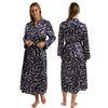 Ladies navy blue autumn floral silky shiny satin and lace full length dressing gown, bathrobe, wrap, kimono with full length sleeves trimmed with lace in UK sizes 10, 12
