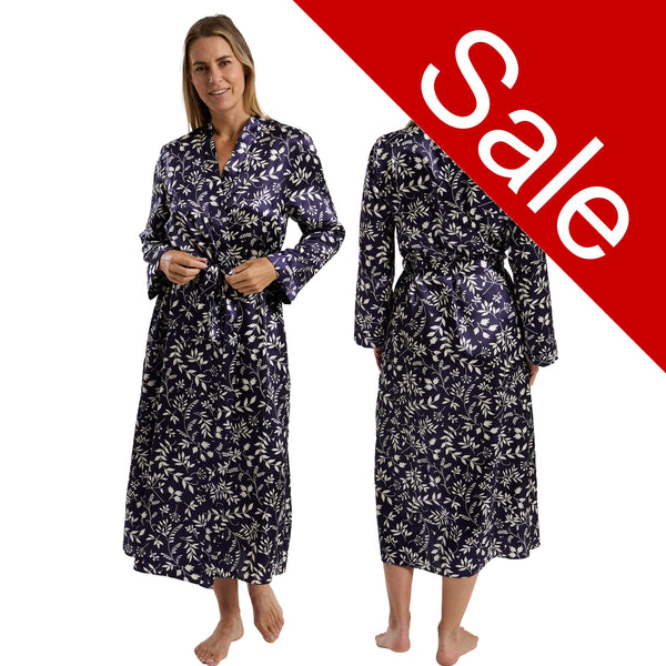 Ladies navy blue autumn floral silky shiny satin and lace full length dressing gown, bathrobe, wrap, kimono with full length sleeves trimmed with lace in UK sizes 10, 12