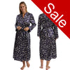 Ladies navy blue autumn floral silky shiny satin and lace full length dressing gown, bathrobe, wrap, kimono with full length sleeves trimmed with lace in UK sizes 10, 12