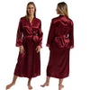 ladies plain burgundy red silky shiny satin and lace full length dressing gown, bathrobe, wrap, kimono with full length sleeves trimmed with lace in UK sizes 10, 12, 