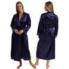 Ladies plain navy blue silky shiny satin and lace full length dressing gown, bathrobe, wrap, kimono with full length sleeves trimmed with lace in UK plus sizes 22, 24