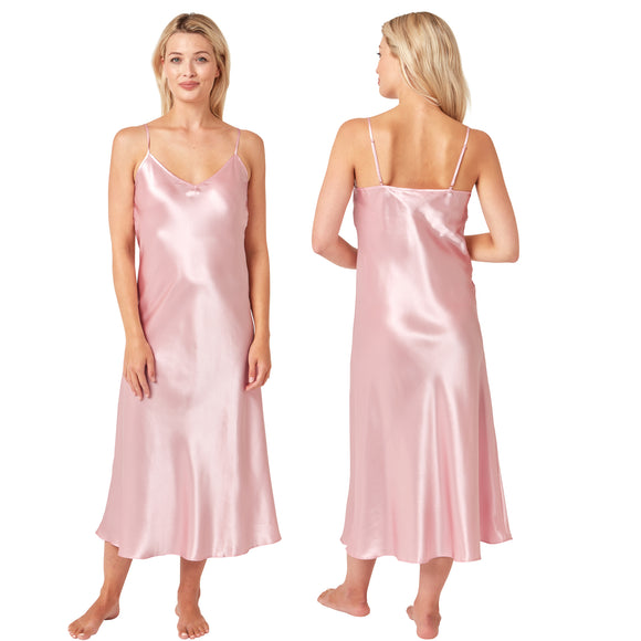 long full length silky shiny satin chemise nightdress with string adjustable straps in plain baby pink in UK plus sizes 16, 18, 20, 22, 24, 26