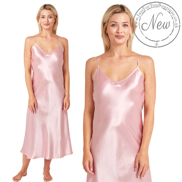 long full length silky shiny satin chemise nightdress with string adjustable straps in plain baby pink in UK plus sizes 16, 18, 20, 22, 24, 26