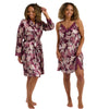 Claret purple silky shiny satin matching knee length chemise and dressing gown robe set in UK sizes 12, 14, 16, 18, 20, 22