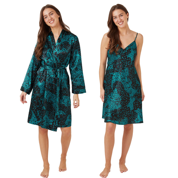Teal blue silky shiny satin matching knee length chemise and dressing gown robe set in UK sizes 10, 12, 14, 16,