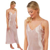 long full length silky shiny satin chemise nightdress with string adjustable straps in a plain medium pink in UK sizes 10