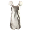 plain pewter grey shiny silky satin chemise nightie which is knee length with adjustable straps and a round neck detail in UK sizes 12, 14, 16, 18